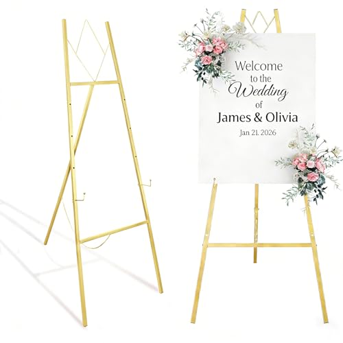 57.1" Gold Easel Stand for Sign, 4 Tier Height Adjustable Large Metal Display Easel for Wedding, Art, Paintings, Posters, Pictures, Floor Décor with Storage Bag, Assembly Needed
