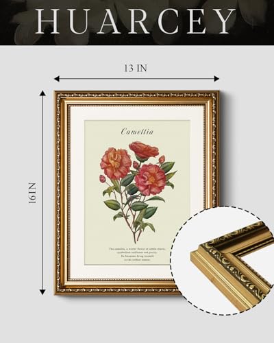 HUARCEY Vintage Camellia Floral Framed Canvas Wall Art 13x16, Embossed Gold Frame Classic Botanical Flower Illustration Print, Elegant Traditional Living Room Bedroom Home Decor - color: Camellia, size: 16"L x 13"W