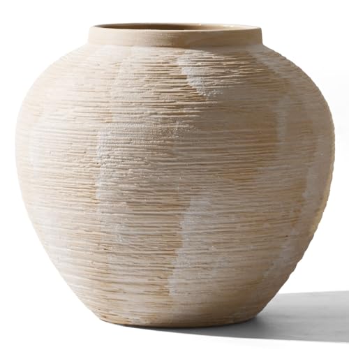 Large Rustic Farmhouse Vase - 8.8 in Ceramic Boho Decorative Vase for Home Decor, Round Clay Whitewashed Terracotta Bowl vase for Living Room, Table, Shelf, Centerpieces - style: 02 - Large Rustic Ribbed Whitewash