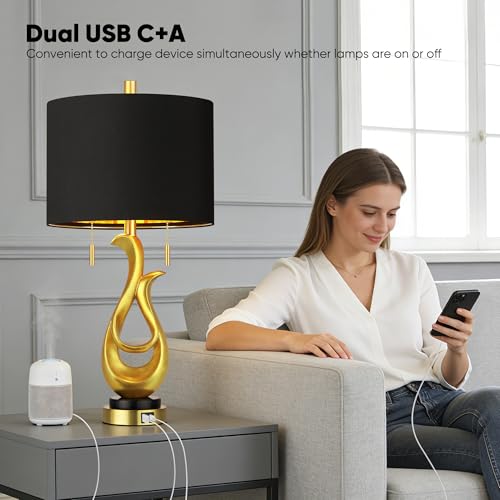 Modern Luxury Table Lamps, Gold Sculptural Bedside Lamps, Gold Leaf Finish Nightstand Lamps, 26'' Table Lamp with S Cluster Pull Chain Switch for Bedroom, Desk Lamp with USB Ports, 4 Bulbs Included