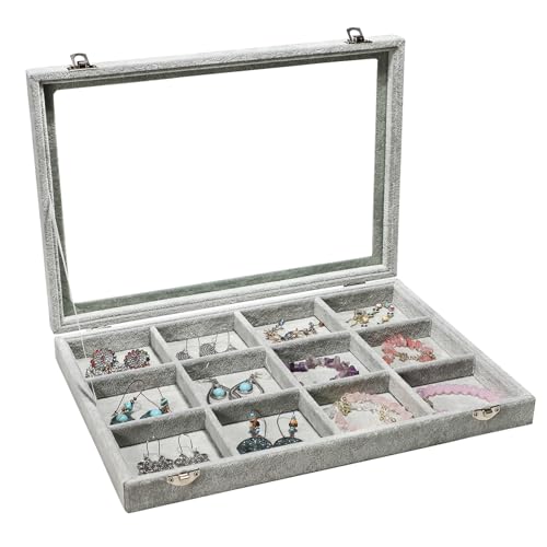Stratalife Jewelry Holder Organizer Jewelry Organizer Box Bracelet Storage Velvet Jewelry Tray with Clear Lid Jewelry Drawer Organizer Jewelry Display Tray 12 Grid Grey - color: Gray, size: 12 Grid