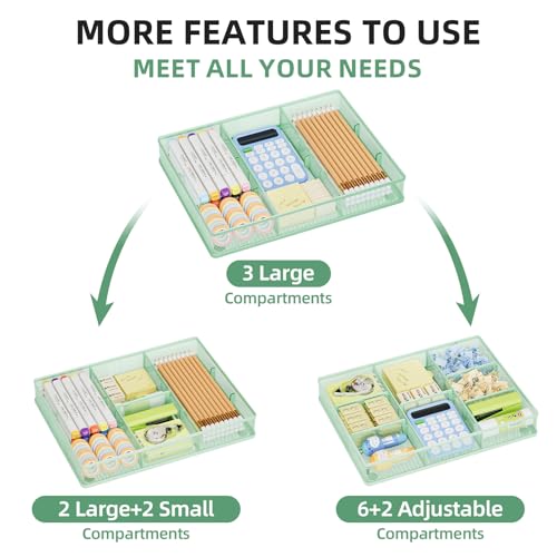 Marbrasse Desk Drawer Organizer, Metal Mesh Drawer Organizer Tray with 5 Adjustable Compartments,Desk Organizers and Accessories for Home,Office,Kitchen,Makeup,Vanity (Green) - color: Green