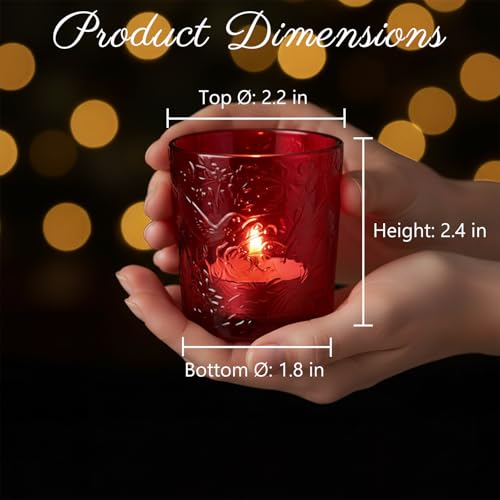 12 Pack Hummingbird Embossed Glass Candle Holders – Votive Tealight Holders with Patent Design, Decorative Embossed Glass Cups for Wedding Centerpieces, Parties, and Home Décor (Crimson Glow) - color: Crimson Glow