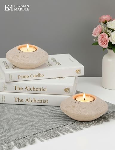 Tealight Candle Holders Set of 2 – Handcrafted Natural Marble Tea Light & Votive Holders, Decorative Stone Candle Holder Pair for Home Décor, Dining Table, Coffee Table & Wedding Decor - color: Travertine, size: 4" Inches
