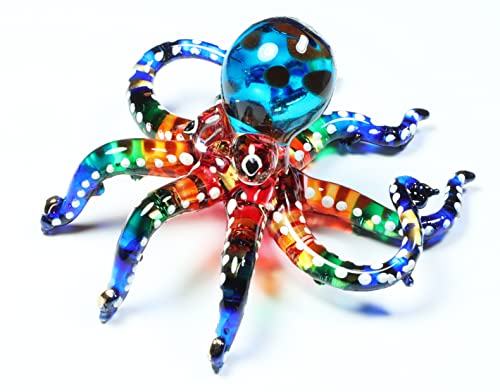 WitnyStore 3" White Dot Multicolor Octopus Artistic Blown Glass Figurine Premium Hand-Blown Statue Tabletop Decoration Unique Collectible for Adult Collectors Handcrafted Elegant Home Room Decor