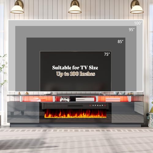 AMERLIFE 90" 2 Tier Fireplace TV Stand with 50" Fireplace, Modern Large Entertainment Center LED Lights, Media Console Table Storage Cabinet for TVs Up to 100", Living Room, Gray - color: Grey, size: 90"