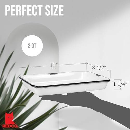 Red Co. 11 x 9 Enamelware Metal Classic 2 Quart Rectangular Serving Tray, Distressed White/Black Rim - color: Distressed White/Black Rim
