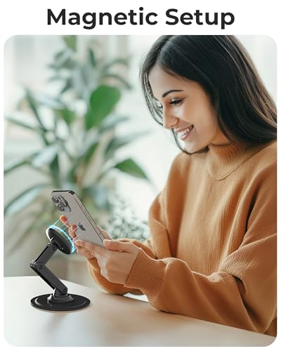COOPER Mag360, Desktop MagSafe Stand for iPhone 17 Pro Max (16/15/14/13/12), Magnetic Phone Holder for Desk, 360° Rotating, Height Adjustable, Magnetic Phone Stand for Desk, with Metal Ring (White) - color: Cream White