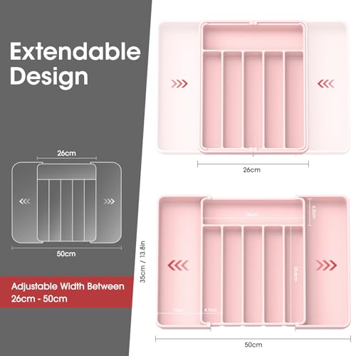 Aujen Silverware Organizer - Expandable Kitchen Drawer Organizer, Adjustable Utensil Organizer, Cutlery Tray for Forks, Knives, Multipurpose Kitchen Organizers and Storage Solution, Pink, Large - color: Pink, size: Large