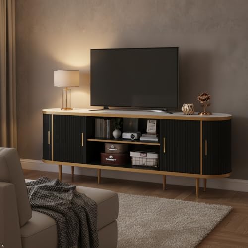 EROMMY 70" Fluted TV Stand, TV Entertainment Center with Storage for TVs Up to 80", Modern TV Console with Faux Marble Top, Curved Design, Tambour Sliding Doors (Black) - color: Black