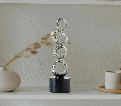 Modern Abstract Resin Sculpture - Irregular Gold Oval Rings with Black Cylindrical Base for Elegant Home & Office Decor