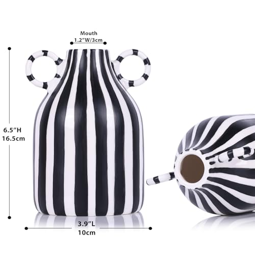 Modern Black and White Decor Striped Vase – Minimalist Funky Boho Home Accent Vase for Living Room Coffee Table Centerpiece, Office, Bookshelf, and Windowsill (B) - color: Black White