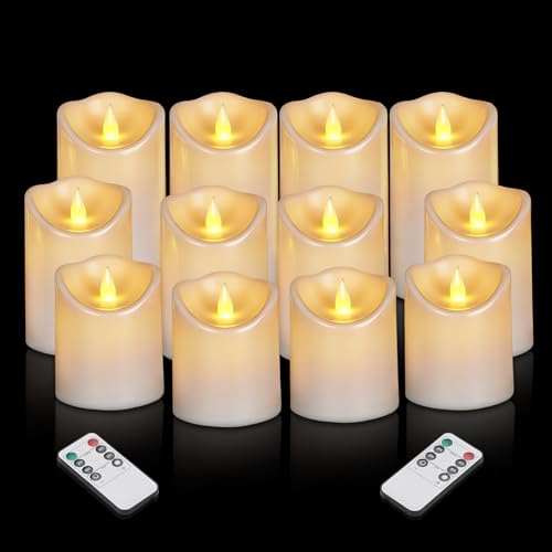 Flameless Candles 4" 5" 6" Outdoor Indoor Pillars Battery Operated Flickering Candles Include 10-Key Remote Timer 400+ Hours by 2 AA Batteries (White Candle - Warm light, 3"D x 4"|5"|6" H - 12 Pack) - color: White Candle - Warm light, size: 3"D x 4"|5"|6"