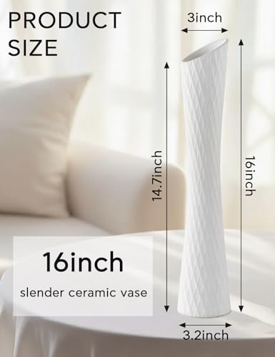 16 Inch Tall Ceramic Flower Vase,Minimalist Style Slender Floor Vase for Living Room, Home, Office Bedroom Table Centerpieces Shelf Kitchen Wedding Farmhouse Décor（White） - color: Tallvase-white