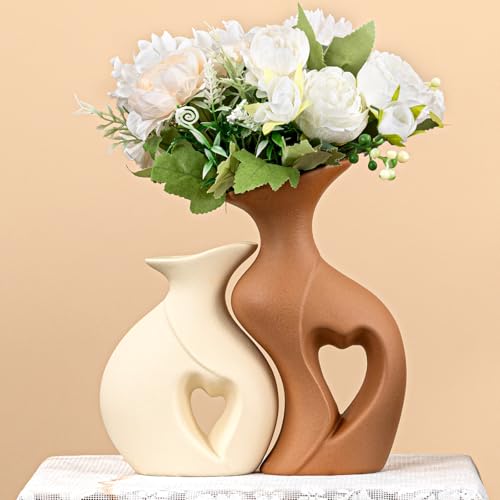 Heart Linked Couple Vase Set - 2-Pcs Beige & Brown Ceramic Vases with Hollow Heart Design, Romantic Gifts for Couples, Wedding Decor for Couple,Decorative Vase for Living Room/Dresser - color: Heart Linked Couple