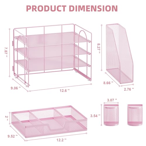 Marbrasse Desk Organizer and Accessories，4-Tier Paper Letter Tray Organizer with File Holder, Workspace Desk Organizers Accessories with Drawer and 2 Pen Holder (Pink, 15.4" x 9.1" x 8.3") - color: Pink