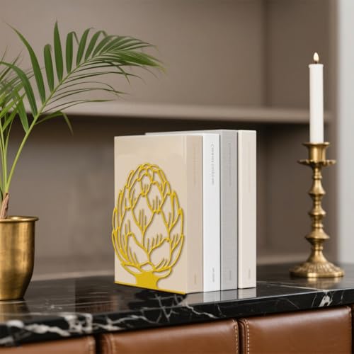 Peacoblue Metal Bookends for Shelves, Modern Decorative Heavy Duty Study Book Support Stoppers for Office Desk Shelf Room 5.3"x4.3"x6.1" Cast Iron Simple Golden Book Ends, 1 Pair (Golden Artichoke) - style: Golden Artichoke