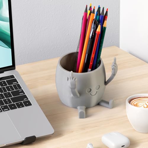 Funny Pen Holder, Middle Finger Figurine Pencil Holder for Office Desk Decor, 3D Printed, grey, Durable and Fun Gift Idea - color: Gray, size: Hand Gesture