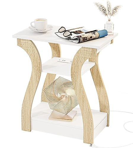 FROMJBEST End Table with Charging Station, Side Table with USB Ports and Outlets, Nightstand, 3 Tier End Table with Storage Shelf for Living Room, Bedroom (White) - color: White