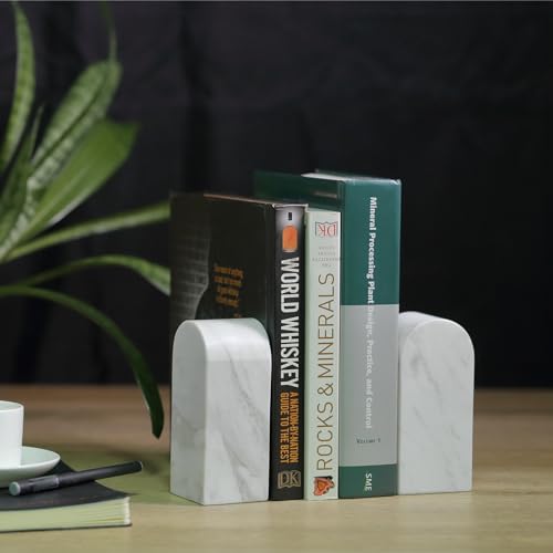 Koville Luxury Greek Marble Bookends for Shelves, Decorative Book Ends, 7lbs Heavy-Duty Marble Book Holders, Bookshelf Apartment Decor for Normal Books/CD/Video Games(Volakas) - color: White-volakas, size: 7lb