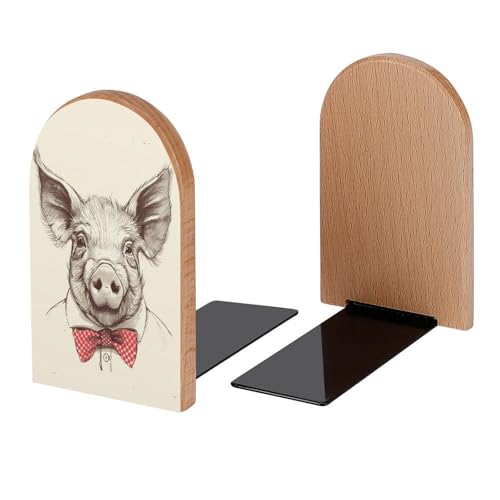 Bow Tie Pig Portrait Book Ends Decorative Wood Bookends for Shelves Kids Room Desk Home Office Book Stoppers for Books, DVDs, 1 Pair/2 Pieces(5x3.1 in) - color: Bow Tie Pig