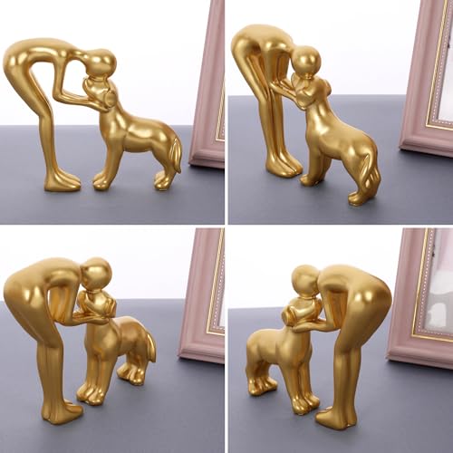 Cute Pet Sculpture Home Decor Man and Dog Statue Decoration for Office、Living Room、Bedroom、Home， Memory Gifts for Dog Lovers (Golden) - color: Golden