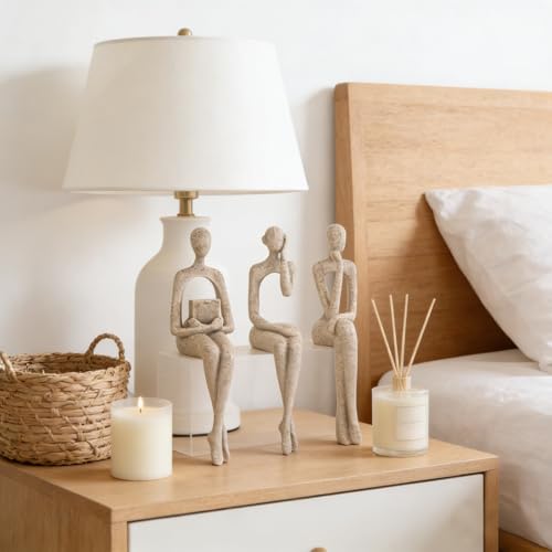 3Pcs Sandstone Resin Thinker Statue Accents Reading Women Sculptures, Abstract Art Ornament,Modern Neutral Home Decoration for Living Room Office Shelf Table Desk Bookshelf Décor