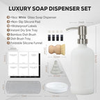 Kitchen Soap Dispenser Set with Instant Dry Tray,16 Oz Hand and Dish Soap White Glass Dispenser Set,Stainless Steel Pump,Waterproof Labels&Dish Brush,Luxury Soap Bottle for Kitchen,Bathroom - color: White Bottle+silver Pump