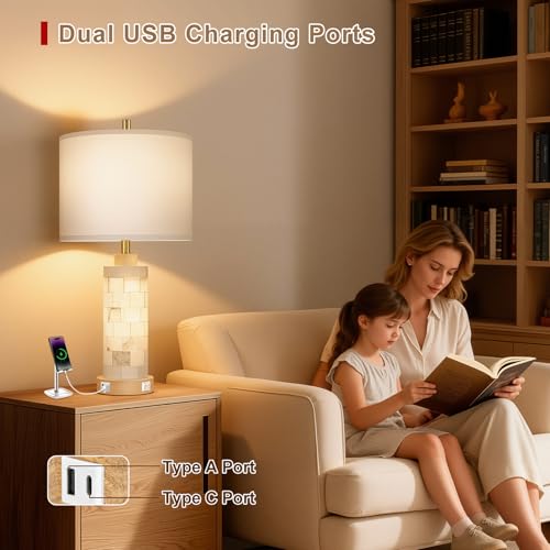 KIVDITZO 27" Alabaster and Wood Table Lamp Set of 2 with Night Light Nightstand Lamps with USB Ports White Linen Fabric Shade Bedside Lamp Decor for Living Room Bedroom Home Office Hotel Bar House - color: Natural Wood