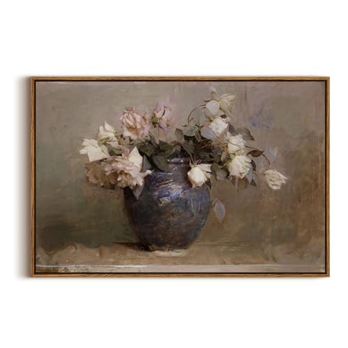 InSimSea Framed Canvas Wall Art Vintage Decor, Flower Large Wall Art, Floral Rustic Decorations for Living Room, Farmhouse Wall Decor for Living Room Bedroom, 20"x30" - color: Roses in Vase, size: 30"L x 20"W