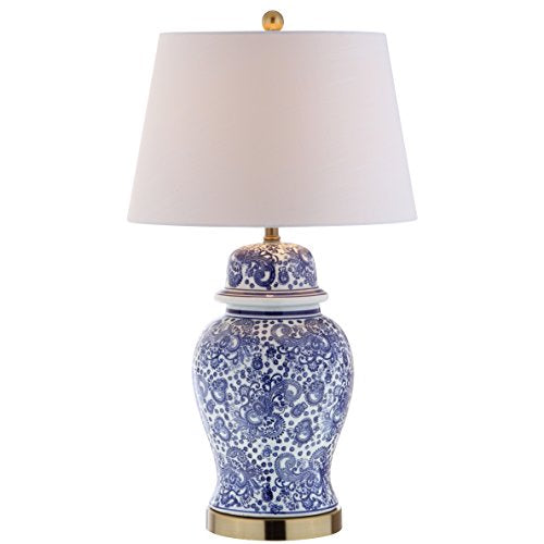 JONATHAN Y 29.5" Blue/White Ceramic Table Lamp for Living Room and Office, White Linen Drum Shade, Traditional Chinoiserie Ginger Jar Lamp, LED Bulb Included JYL3008A - color: Blue/White