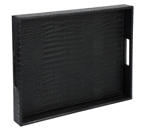 HofferRuffer Rectangle Serving Tray with Hole Handles for Coffee Table, Breakfast, Tea, Food, Butler - Countertop, Kitchen, Vanity Serve Tray, 16.2 x 12.2 x 2 inches, Faux Leather (Black Croco) - color: Black Croco, size: 16.2" x 12.2" x 2"