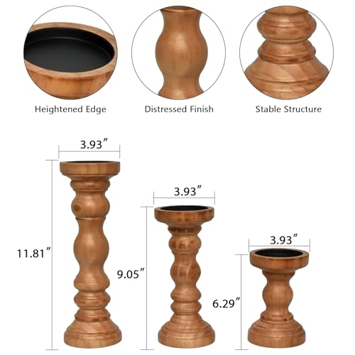 SWALLOWLIVING Rustic Farmhouse Wood Pillar Candle Holder Set of 3 for Candlestick, Brown - color: Brown