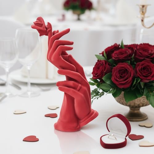 Romantic Couple Statue with Rose, Modern Love Figurine for Home Decor, Symbol of Love & Commitment, Anniversary Wedding Gift for Couples, Bedroom Living Room Shelf Decoration (Red) - color: Hand Rose-red
