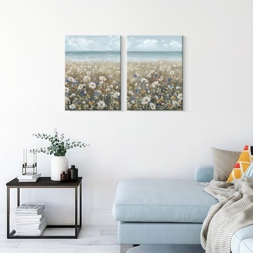 MochaMilly Framed Wall Art Bathroom Décor Boho Beach Coastal Vintage Floral Wall Picture Flower Daisy Flowers by Sea Canvas Print Nautical Small Artwork For Home Farmhouse Living Room Bedroom Office - color: Blue White, size: 12"x16"