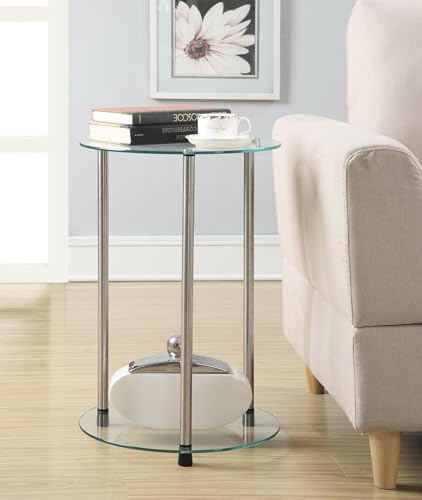 Convenience Concepts Designs2Go Classic Glass 2 Tier Round End Table 15.75" - Modern Side Table for Living Room, Tempered Glass Table with Storage Shelves for Bathroom, Bedroom, Office, Glass/Chrome