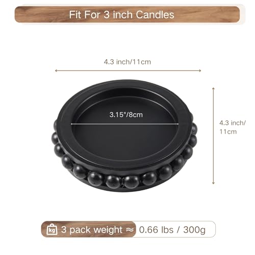 Wooden Candle Holders for Pillar Candles, Set of 3 Wood Beaded Plate with Metal Cup Inserts, 4 Inch Rustic Farmhouse Tray Stand for Fireplace Mantel, Table Centerpiece Decor - Black - color: Black