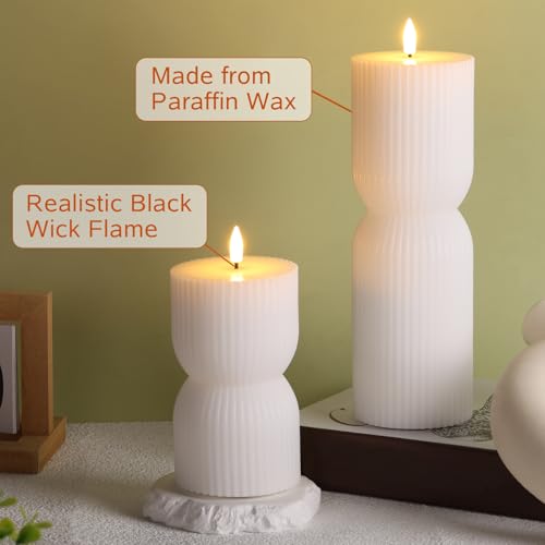 White Ribbed Flameless Pillar Candles with Remote, Real Wax Flickering Battery LED Candles Set of 2 - color: White