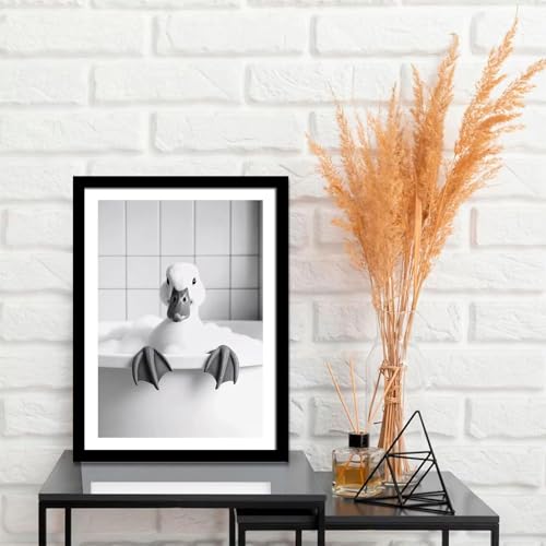 Funny Bathroom Wall Art Set of 2 Framed Canvas Prints – Bear Shower & Duck Bath Black and White Animal Artwork – Modern Minimalist Bathroom Decor Pictures with Solid Wood Frame & Acrylic Cover Bathroom Decor 12x16IN - color: duck and bear, size: 16"L x 12