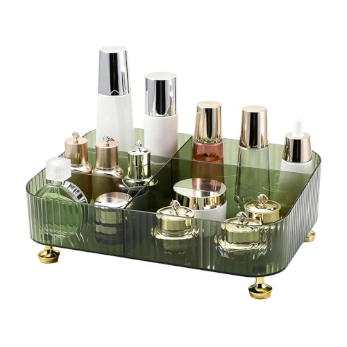 DASITON Makeup Organizer Countertop for Vanity, 5 Slots Makeup Brush Holder Organizer, Vintage Makeup Perfume Tray Cosmetic and Skincare Organizers for Bedroom Bathroom Counter, Desk Storage (Green) - color: Green
