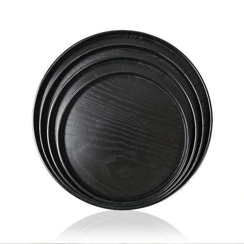 Round Wood Serving Tray, Solid Wooden Decorative Tray Non-Slip Tea Coffee Table Tray Snack Plate Food Meals Serving Tray with Raised Edges for Home Decor Kitchen Restaurant(10.6inch, Black) - size: 10.6"