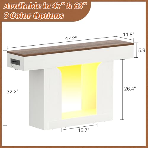 Homieasy Console Table, 47" Entryway Table with LED Lights & Charging Station, Farmhouse Wooden Sofa Table Behind Couch, Narrow Hallway Table for Living Room, Foyer, Entry, Antique White & Brown - color: Antique White & Brown, size: 47.2"