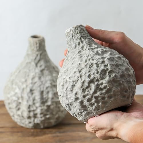 Stone Vases，Ceramic Bud Vase Set of 2,Minimalist Vases for Pampas Grass,Modern Vase for Wabi Sabi Home Decor, Shelf Decoration，Fireplace Decor,Coffee Table Decor - color: 109-1