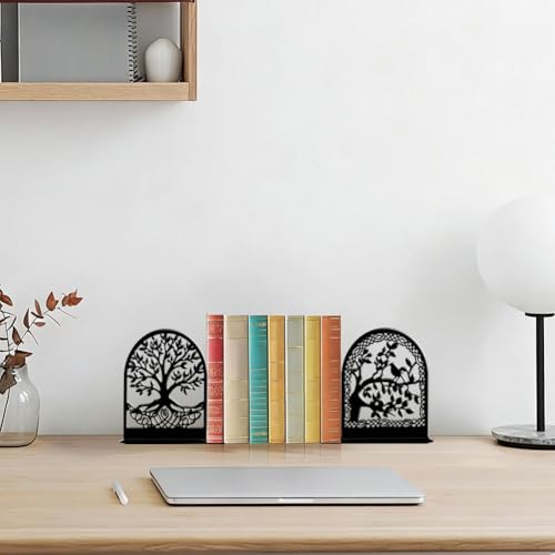 2Pcs 2 Styles Metal Tree Bookends Black Book Stopper Tree of Life Pattern Black Decorative Heavy Duty Metal Book Ends for Shelves Home Office Desk Organizer Stylish 7.48 x 6.3 x 1.18 Inch - color: Tree of Life