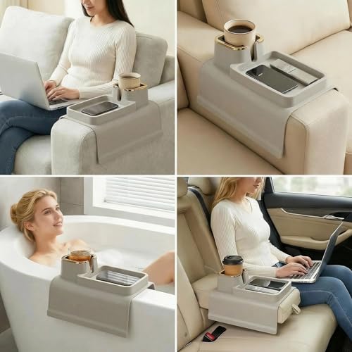 Luxury Gold Trim Couch Cup Holder Tray - Weighted Silicone Anti-Spill Sofa Armrest Organizer, Non-Slip Recliner Tray Table for Drinks, Remote, Phone - Fits Most Couch Arms, Home Gift (Beige Grey) - color: Beige Grey