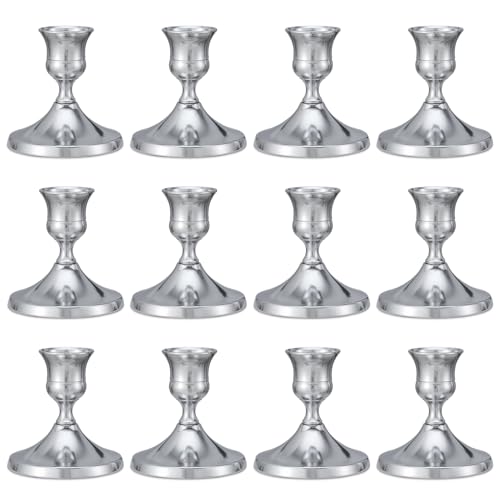12 Pcs Silver Candle Holders, Silver Candlestick Holders Set for Table Centerpiece, Vintage Taper Candle Stand, Home Decor, Weddings, Festival and Dining Parties (Sliver) - color: 12pc-sliver