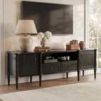 STO'SENSE 63" Pre-Assembled Tv Stand w/Power Outlet, Solid Wood Grain TV Consoles w/2 Cabinets & 2 Drawers, Mid Century Modern Entertainment Center for Living Room, Fits TVs up to 75", Black Oak - color: Black Oak