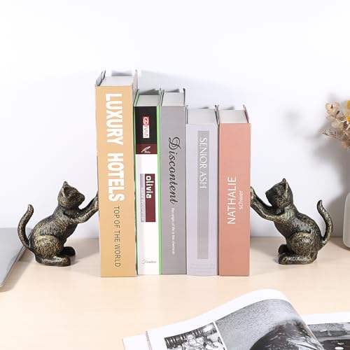 2 Pack Cat Decorative Bookends for Shelf - Cast Iron Book Ends Cute Dog Bookend Support for Home Decor, Heavy Duty Book Stands Vintage Antique Shelf Decor for Reading Enthusiasts or Cat Lovers - style: Cat Shape