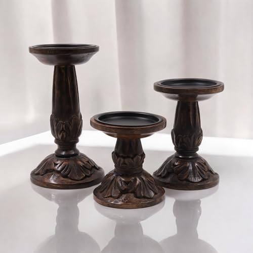 Hosley Set of 3 Dark Brown Wood Pillar Candle Holders 8 Inches 6 Inches and 4.25 Inches High Ideal for LED and Pillar Candles Gifts for Weddings Party Home Spa Reiki Aromatherapy - color: Dark Brown 2