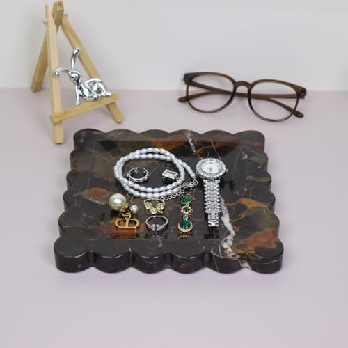 Square Marble Decorative Tray with Scalloped Edge, Luxury Natural Stone Bathroom Vanity Tray, Dresser Top Perfume Coffee Home Kitchen Sink Tray, Key Trinket Ring - color: Black Golden